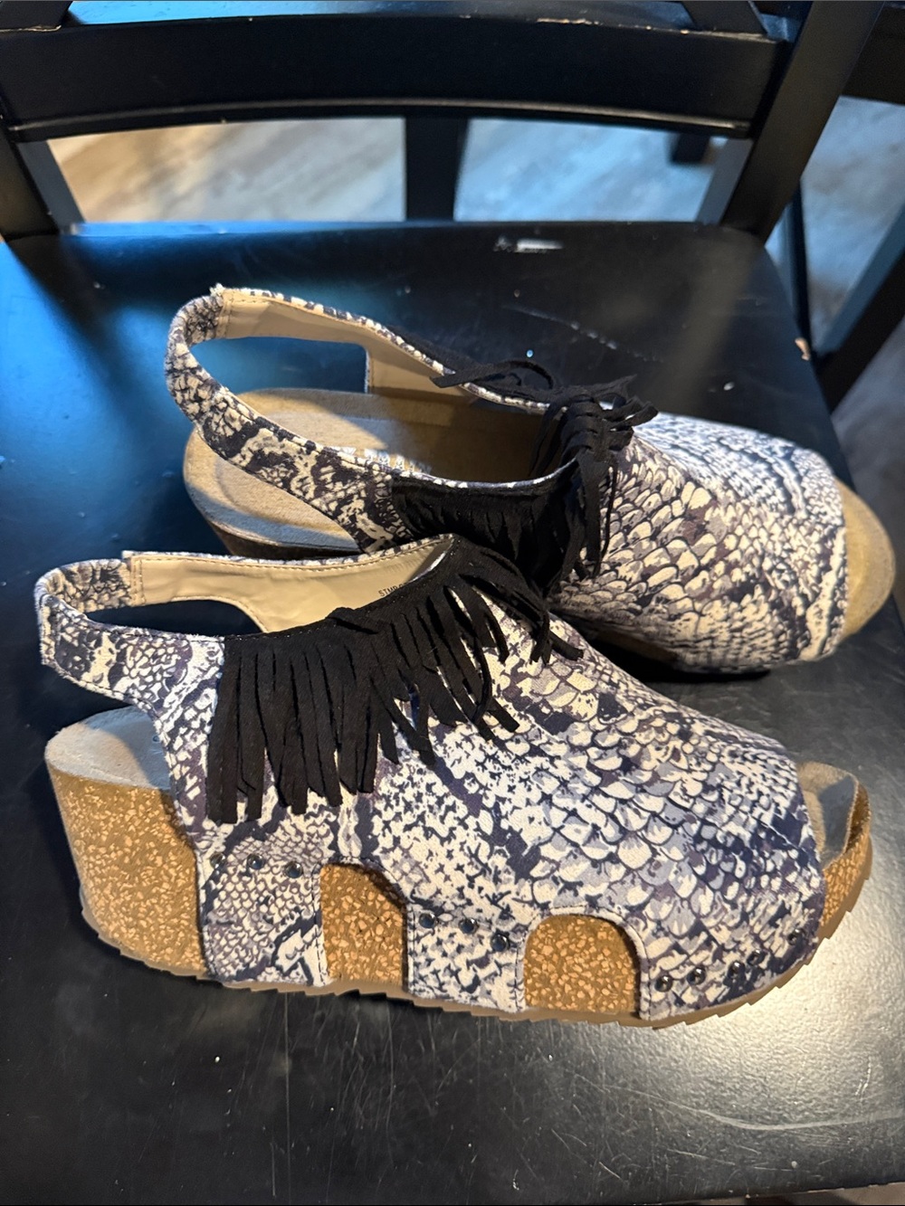Crazy Train Navy Snake-Print Platform Wedges with Black Fringe